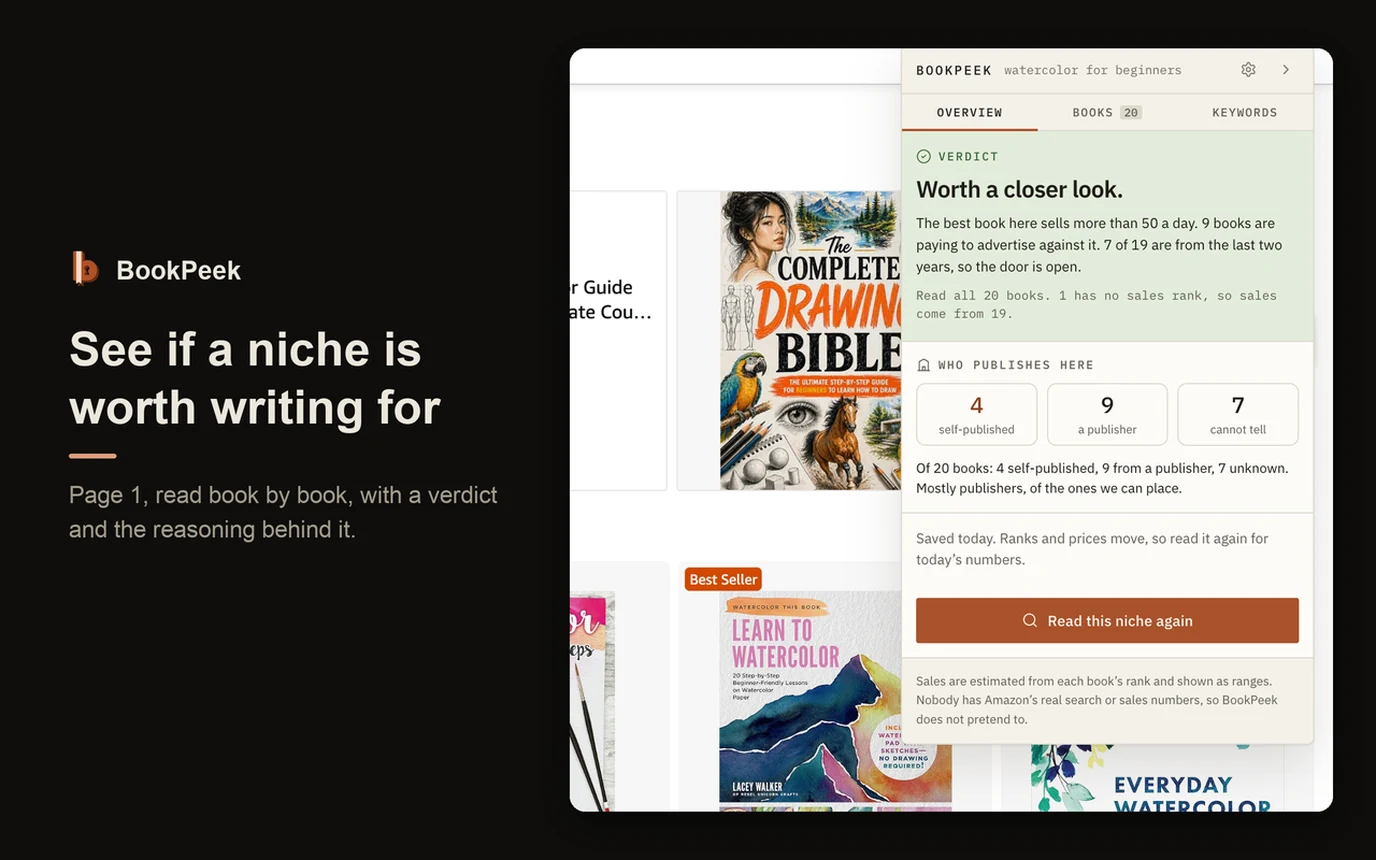 BookPeek, an Amazon KDP book niche research extension for Chrome, showing a verdict on a book niche beside an Amazon search