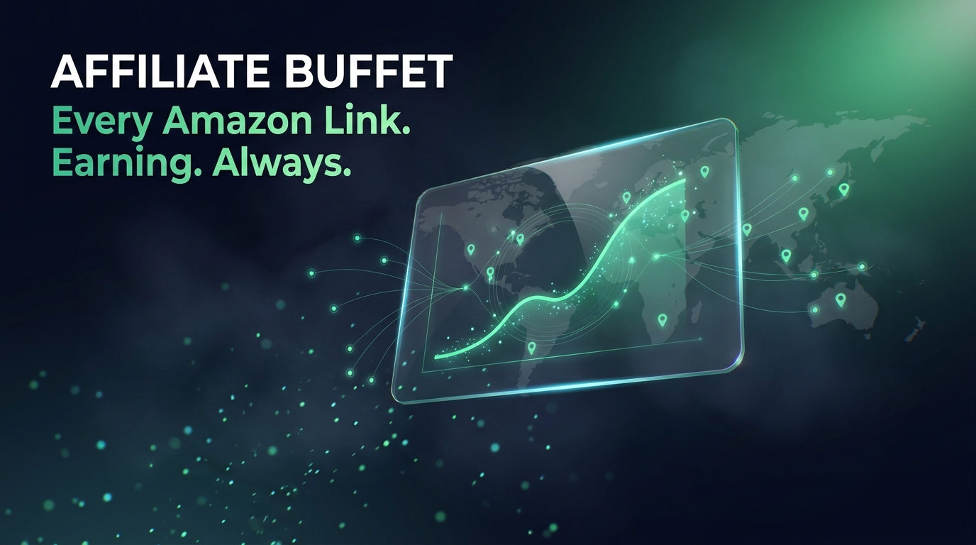 Affiliate Buffet — Amazon Associates WordPress plugin hero artwork showing a holographic dashboard with a rising affiliate revenue curve and global marketplace pin markers